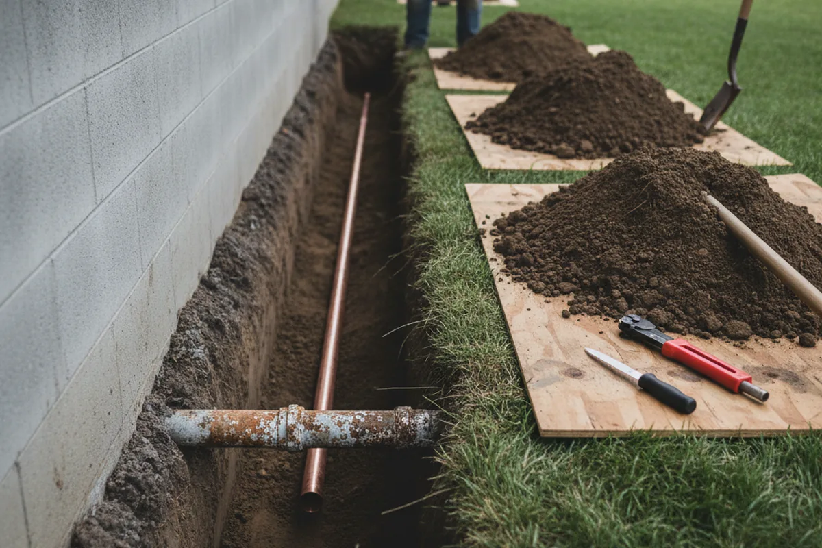 Excavated water line trench during Water Heater Repair in Mill Neck